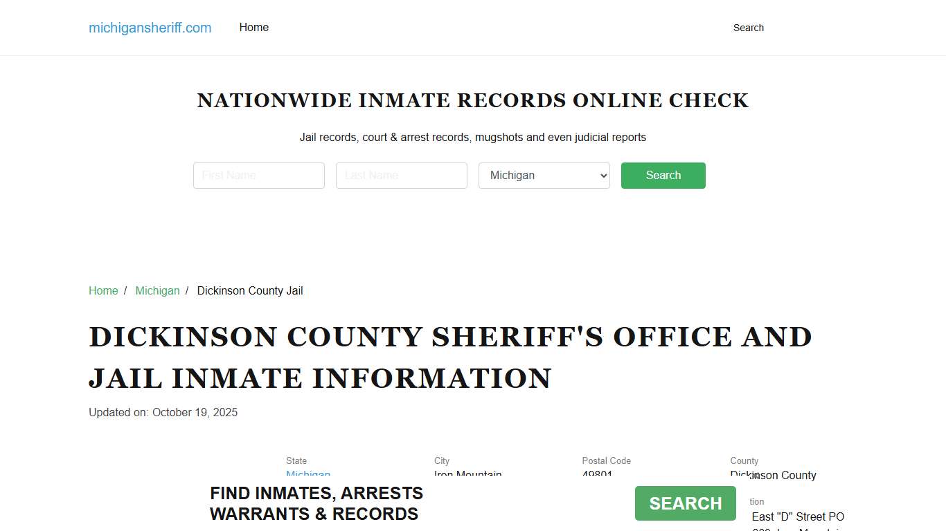 Dickinson County Sheriff, Michigan, Jail Inmate Search